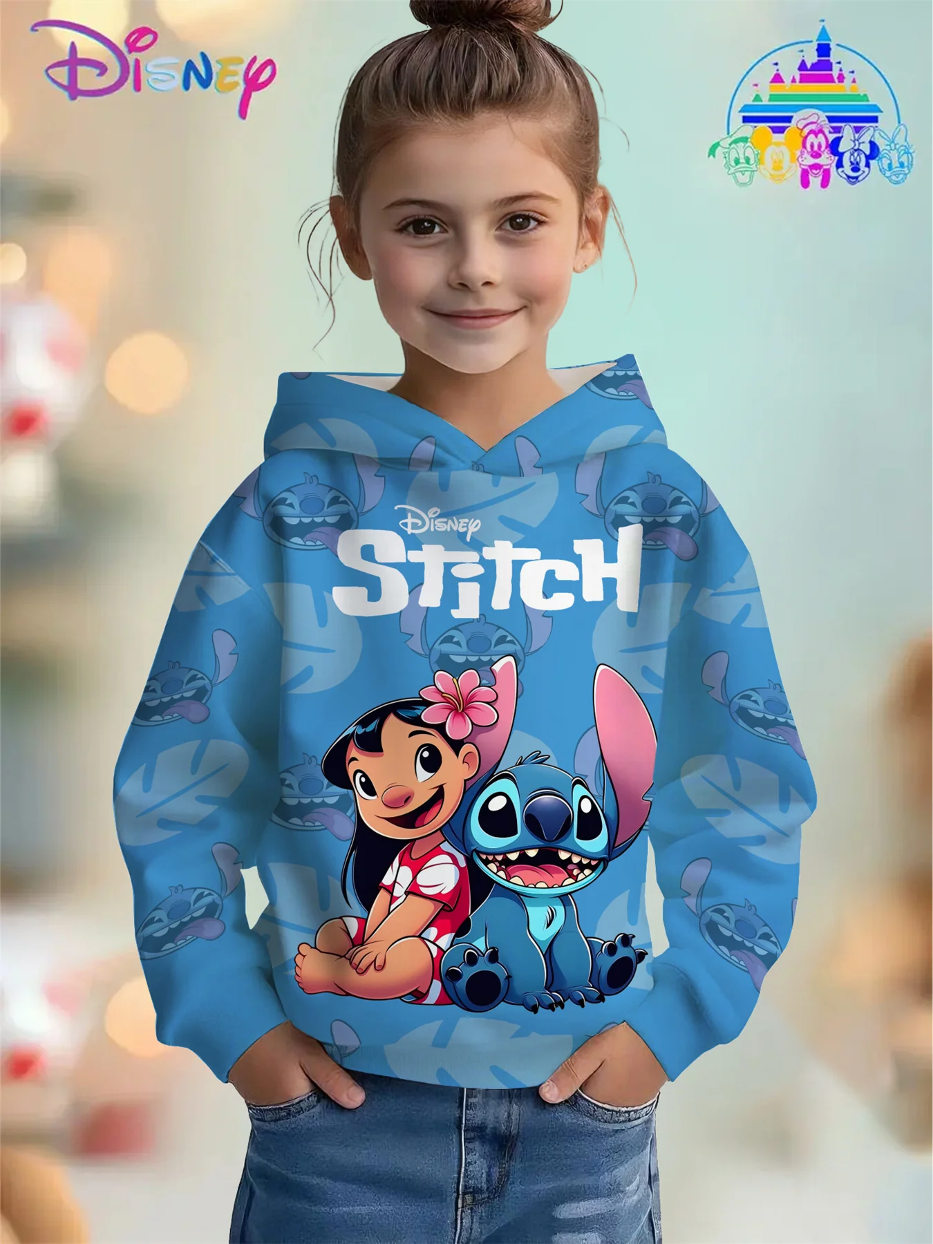 

Disney Stitch Casual New Hoodie Fall/Winter Disney Girls Clothing Geometric Plant Graphics Printed Pullover mommy and me