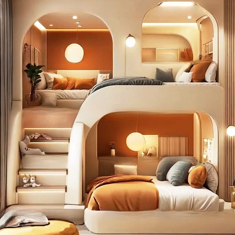 Tempat Tidur Anak Cream Wind Model Putri, Tempat Tidur Tingkat Atas dan Bawah, Tempat Tidur Double untuk Orang Tua dan Anak