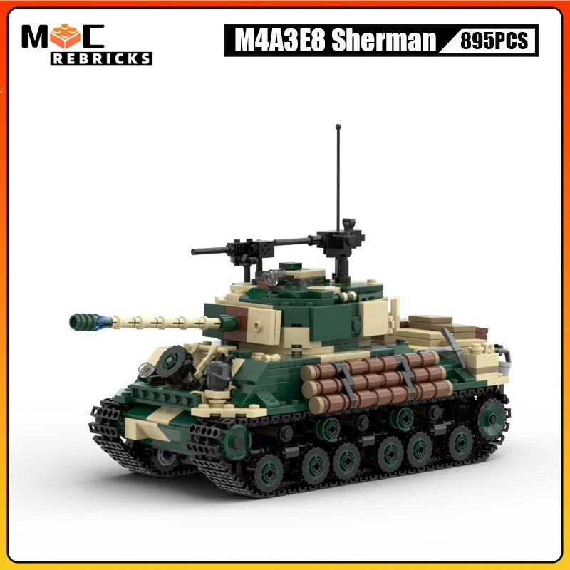 

WW2 Army Tank M4A3E8 Sherman MOC Building Blocks Military Weapons Track Armored Vehicle Model Puzzle Bricks Toys Kid Gifts