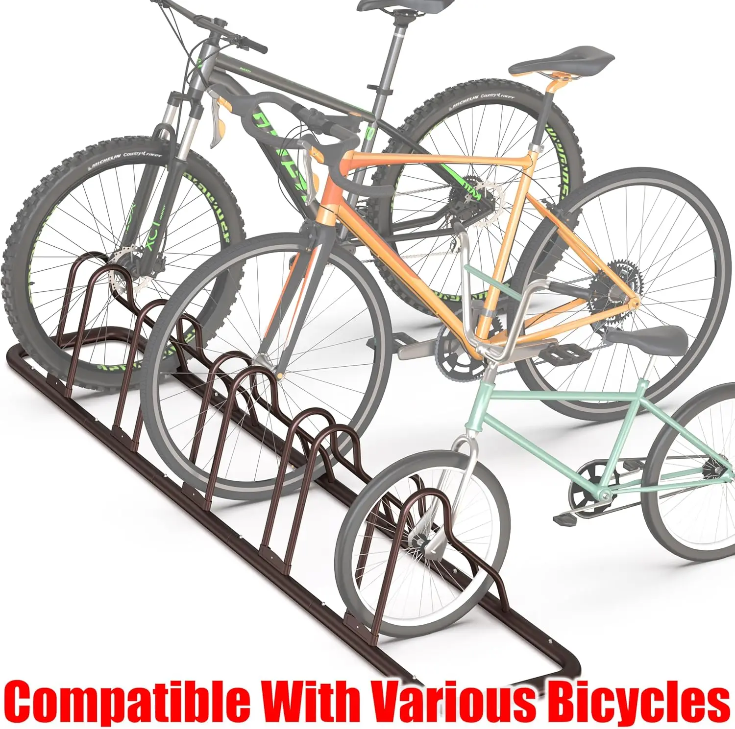 Adjustable 5-Bike Floor Stand for Secure Parking, Bronze Finish, Easy Assembly