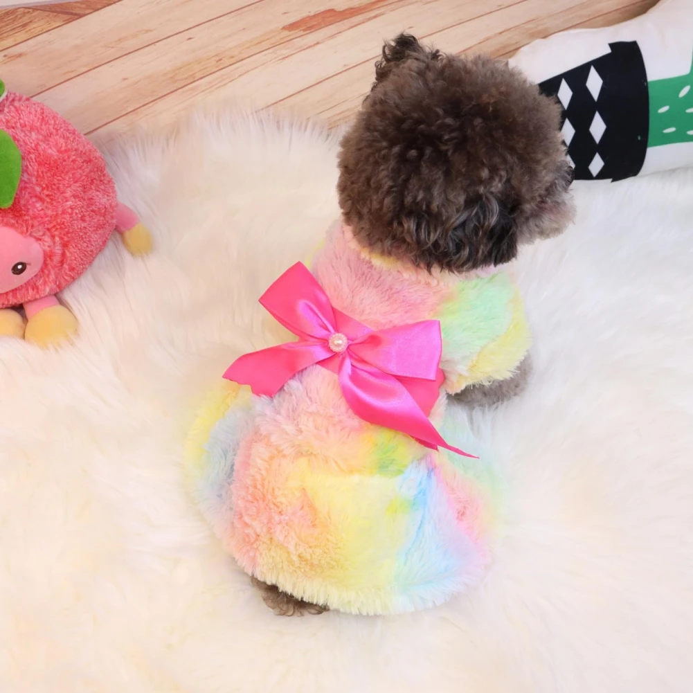 Pet Autumn/Winter Rainbow Dress Leopard Print Dress Colorful Cute Pretty Bow Pet Dress Chihuahua Yorkshire Dress Pet Plush Dress