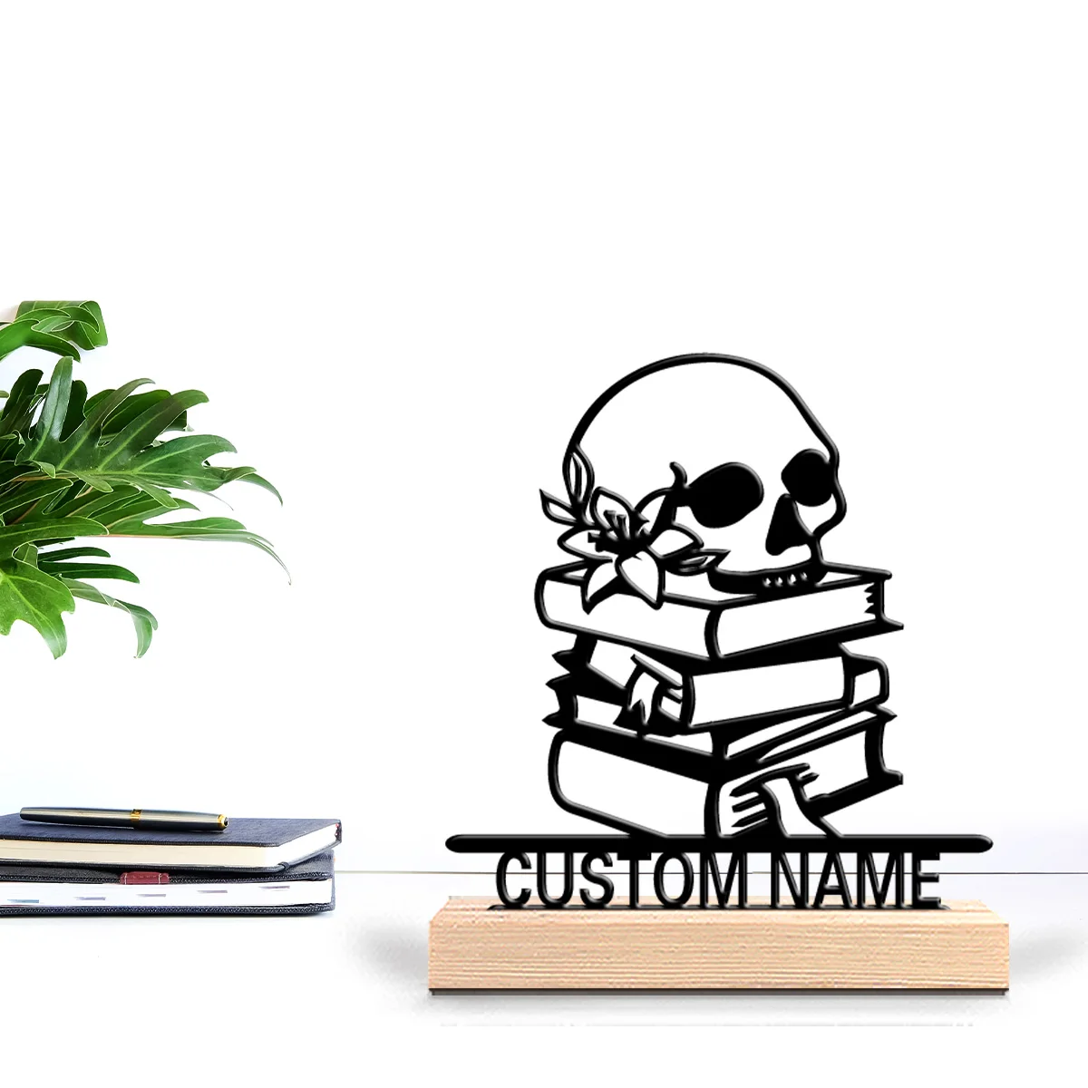 1pc Creative Skeleton Book Custom Letter Metal Statue Iron Ornament Handicraft With Wood Base Iron Ornament Office Desk
