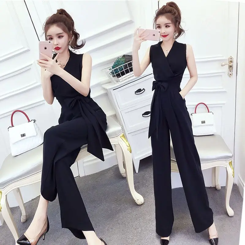 Striped Jumpsuit for Women\'s Summer Fashion Chiffon Sleeveless High Waist Temperament Goddess Style Wide Leg Long Pants Jumpsuit