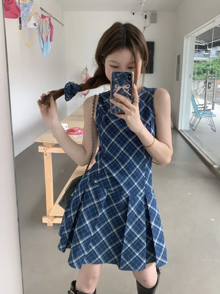 

ADAgirl Vintage Blue Plaid Sleeveless Dress Low Wasit Mini Pleated Dresses for Women Summer Korean Fashion Retro Slim Clothes