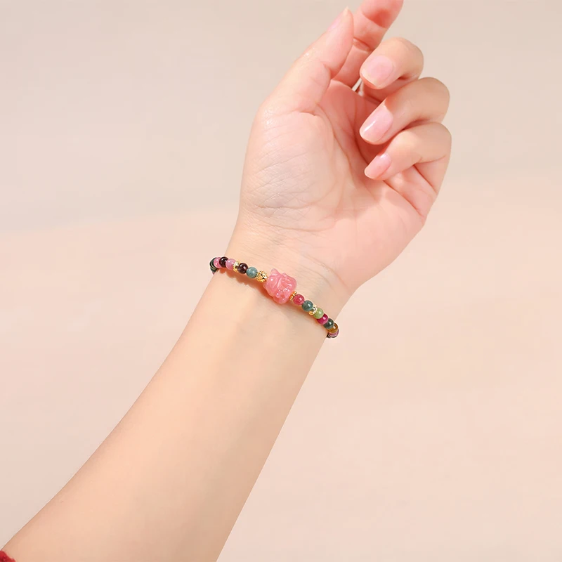 JD Luxury 4mm Tourmaline Color Chalcedony Agate Carved Nine-Tail Fox Charm Bracelet Women Fashion Design Thin Bangles Jewelry