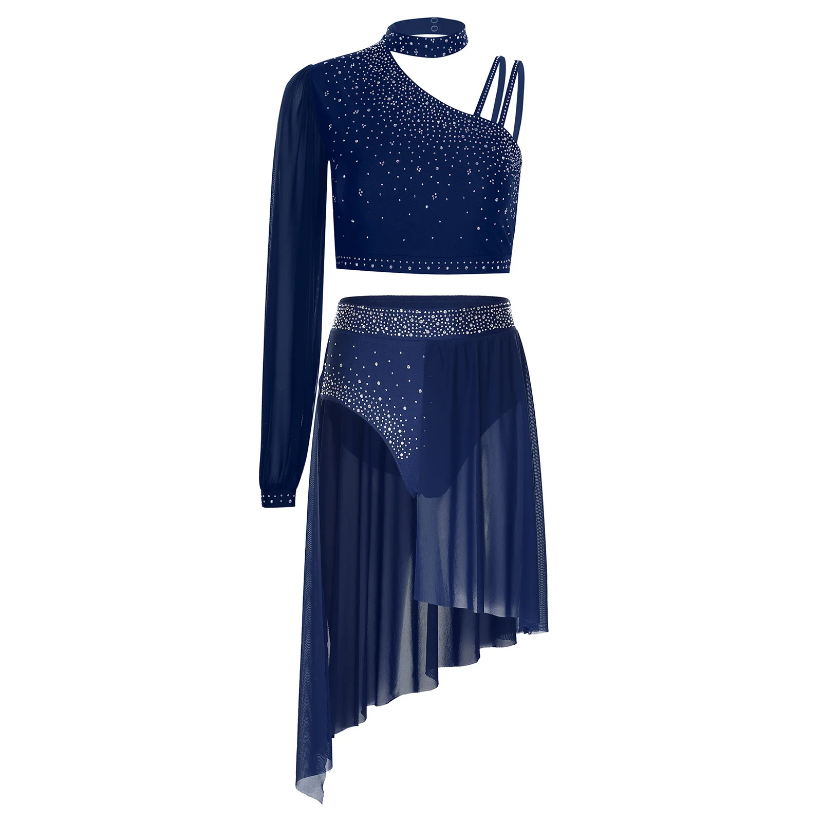 Womens Ballet Lyrical Dance Performance Costume Latin Dance Outfit Rhinestone Crop Top High Waist Briefs Shorts with Skirted