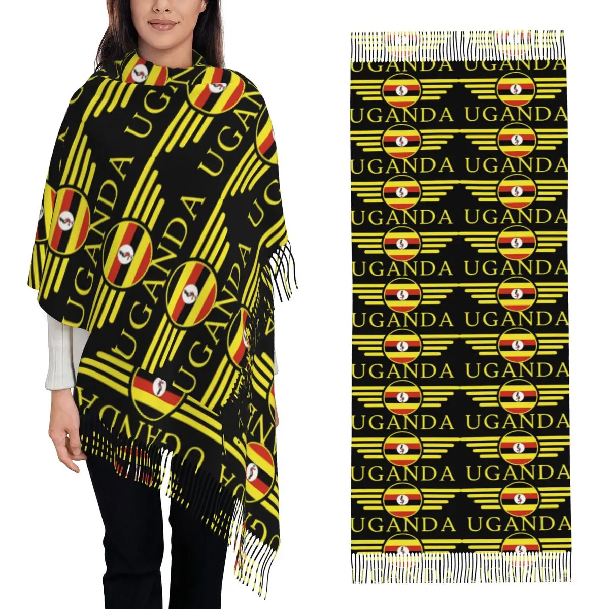 

Я люблю флаг Уганда, элегантный стиль, дизайнерский шарф, шарфы с кисточками для женщин, мягкие теплые шали и накидки, большая осенне-зимняя шаль