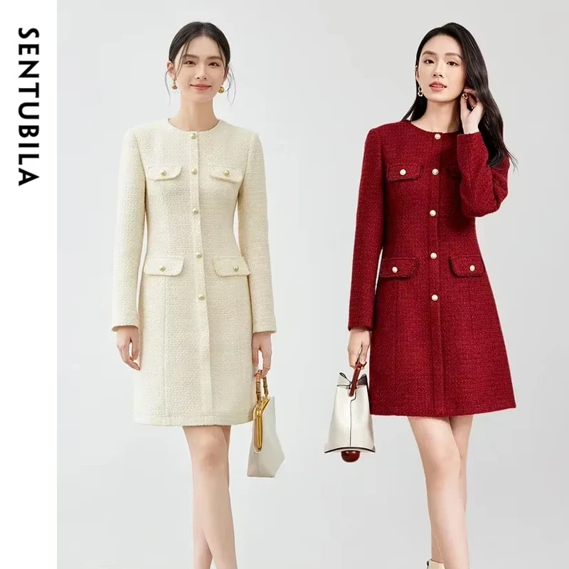 SENTUBILA Luxury Elegant Tweed Dresses for Women 2025 Spring Autumn A-line Metal Single Breasted O Neck Mini Dress 144L57140