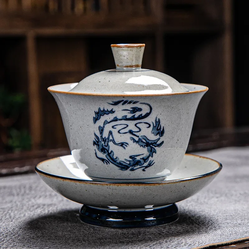 Vintage Brennholz handbemalt Gaiwan, Keramik blau und weiß Zeremonie Schüssel, Kung Fu Tee-Set, Steinzeug Brauen Abdeckung, Terrine