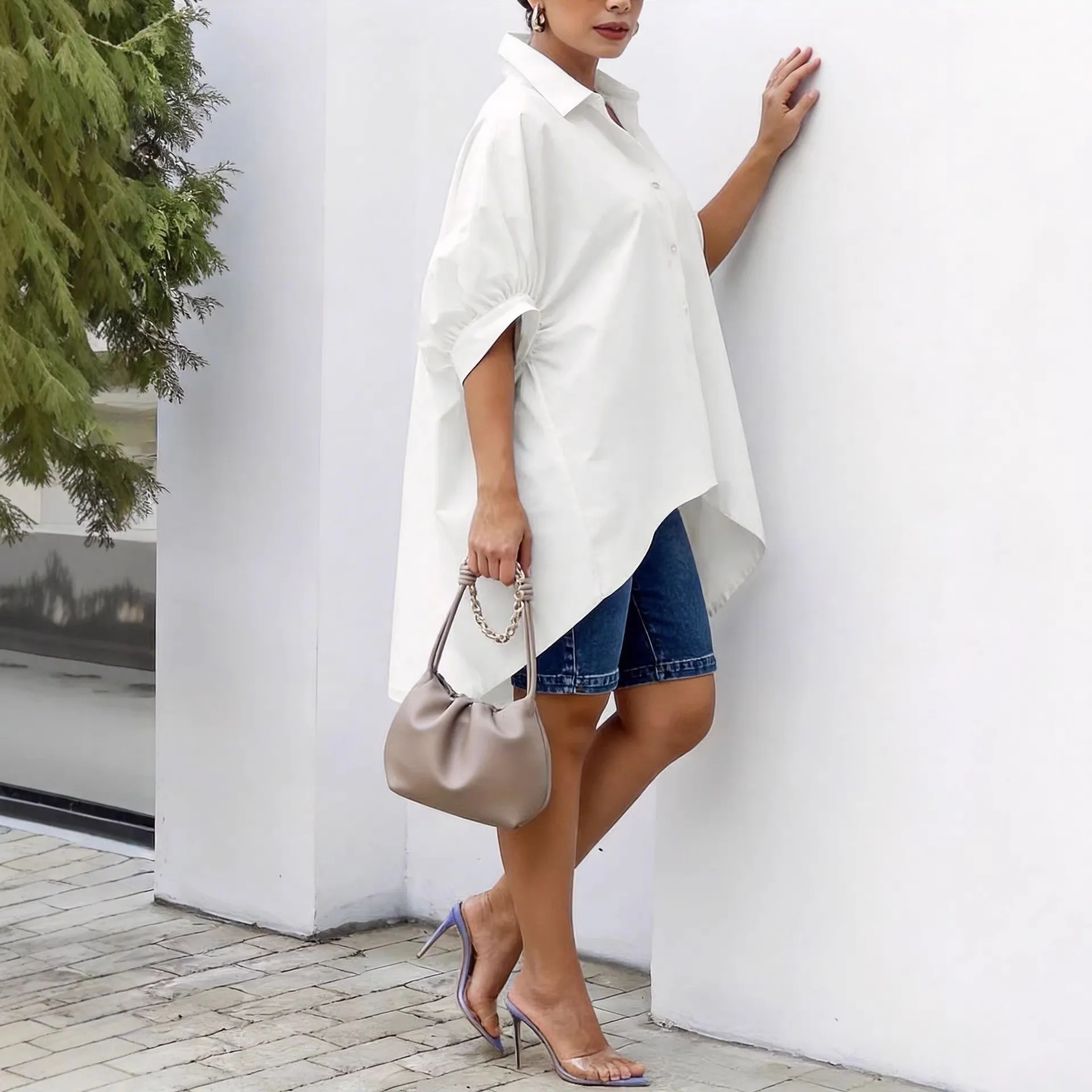 Casual Loose Fit Shirt with Cap Sleeves Polo Collar Woven No Pattern Asymmetrical Long Length Elegant Sophisticated Women Blouse