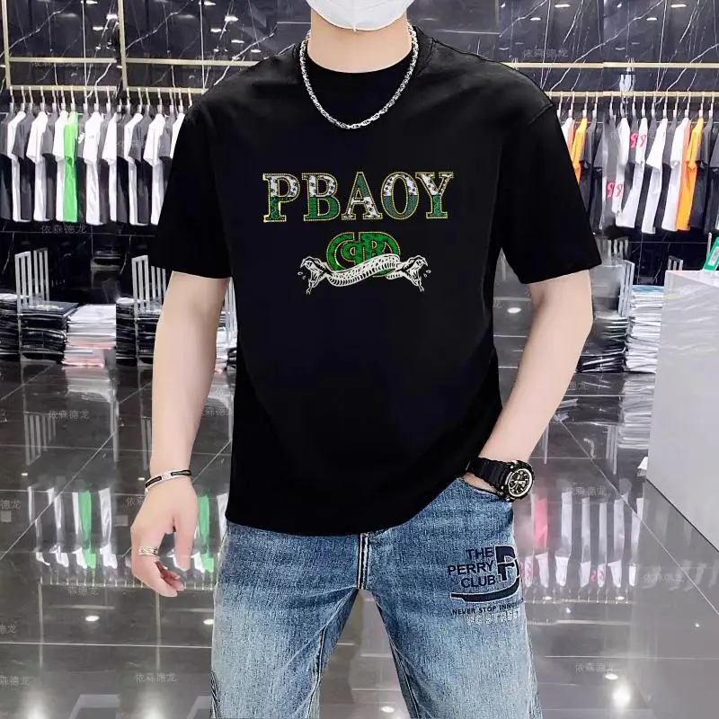 Luxury Edition 2025 Men's Cotton Male Tee Two-Snake Crystal Accents Round Neck Relaxed Fit Tops Summer Loose Fit Man Clothing