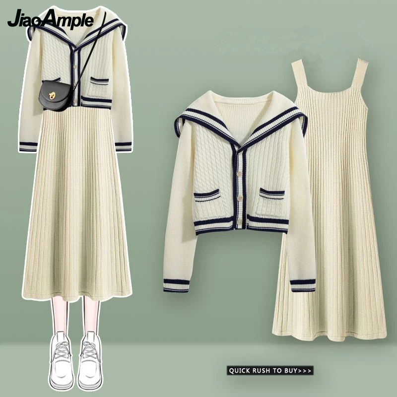 

Autumn Winter Women's Knit Jacket Tank Dress Two Piece Set Korean Preppy Style Sailor Collar Sweater Coat Dresses Outfits 2022