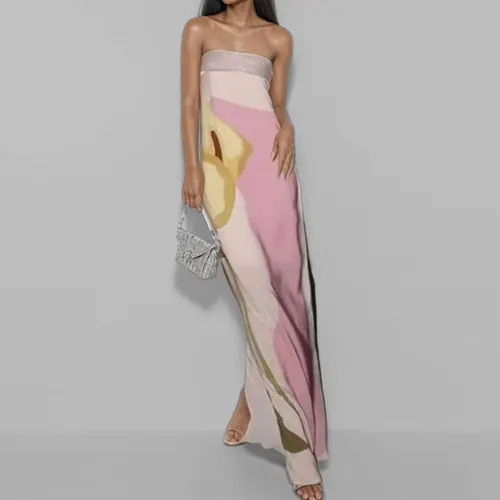 Imagen 2 del producto 2024 verano mujeres sin tirantes espalda descubierta flor impresa vestido largo mujeres sin mangas fuera del hombro Vestidos de talla grande S-3XL ropa de calle