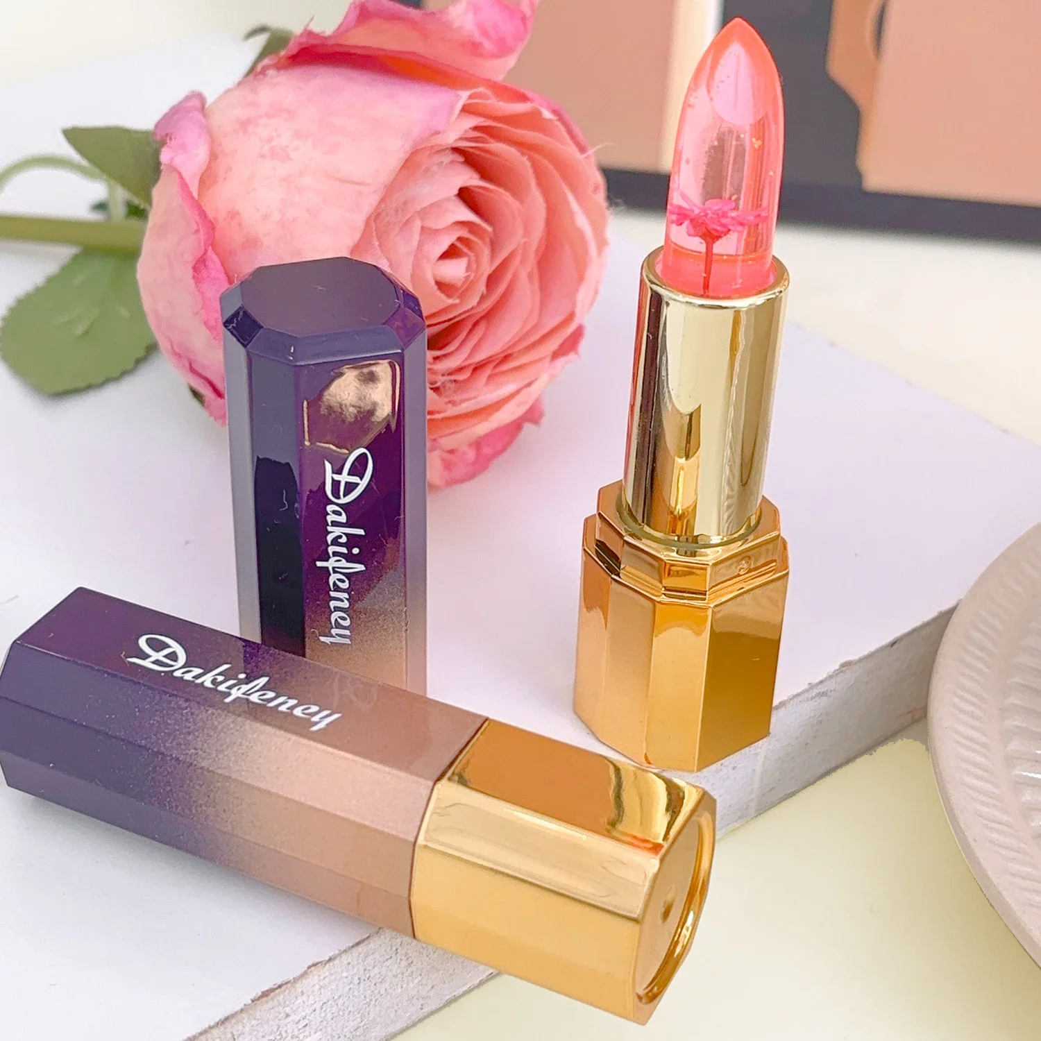 Color Change Lipstick Crystal Petals Shining Jelly Moisturizing Lipstick Lasting Waterproof Flower Gold Foil Lip Gloss Lipstick
