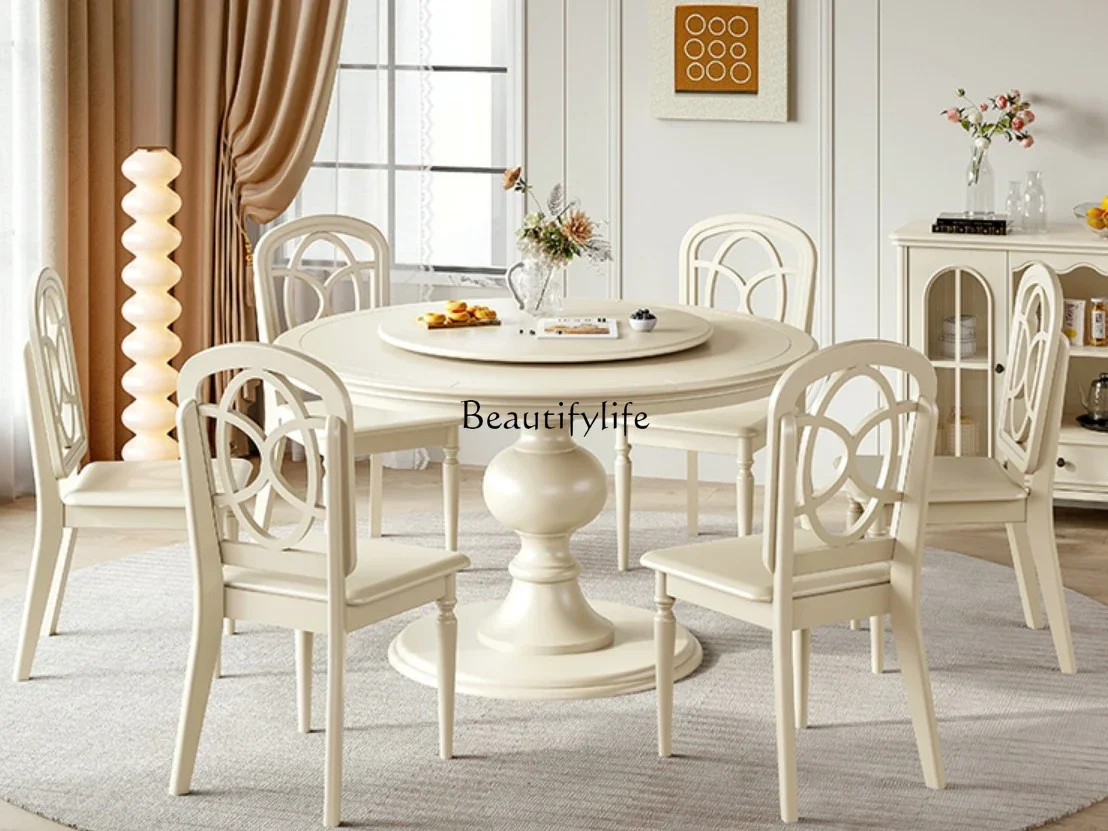 

FG28Cream Style Solid Wood Round Table Simple White Small Apartment with Turntable