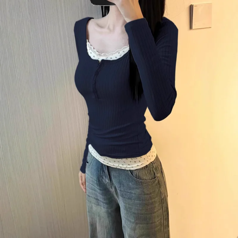 

Undershirt Women's Spring and Autumn with Fake Two Long-sleeved T-shirts, Slim Waist, Design Sense Niche Chic Short Top