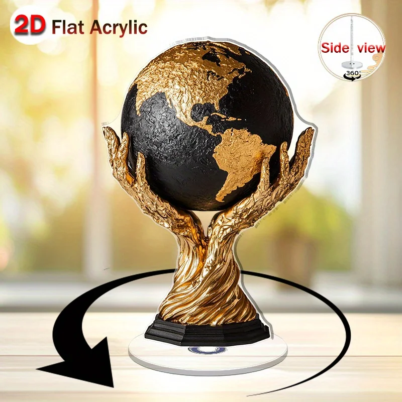2D Flat, Handmade Rotating Globe Desk Decor - Golden World Map with Non-Electric Spinning Base, Suitable for Home Office Decorat