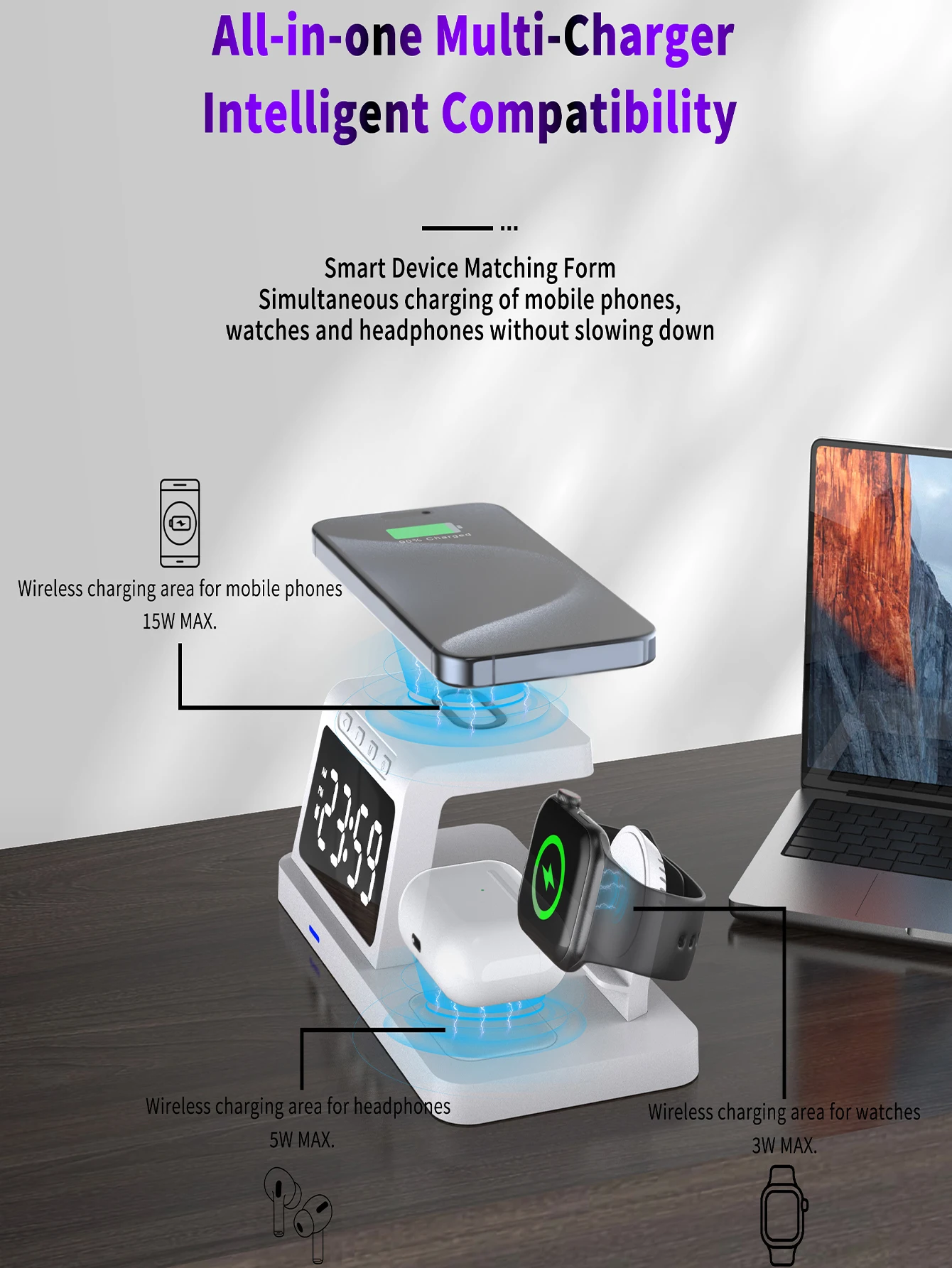Three-in-One Wireless Fast Charger Desktop Clock Alarm Clock Watch Headset Wireless Charging