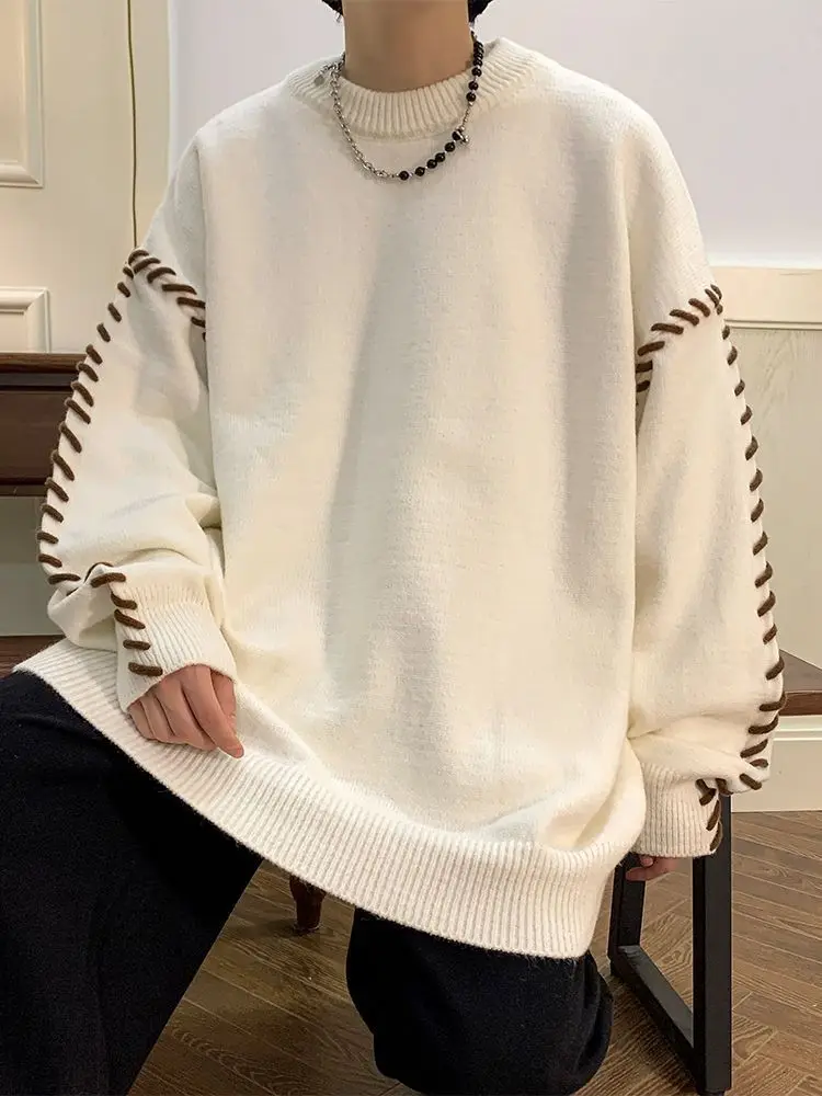 Autumn and winter men's sweater solid color trend of personality handsome pullover loose casual round neck versatile knitwear