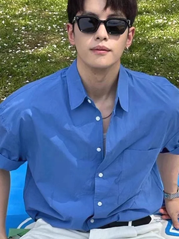 

Синяя свободная рубашка из ледяного шелка с узором «снежинка», дышащая, легкая, летняя, повседневная, модная, в стиле бойфренд.