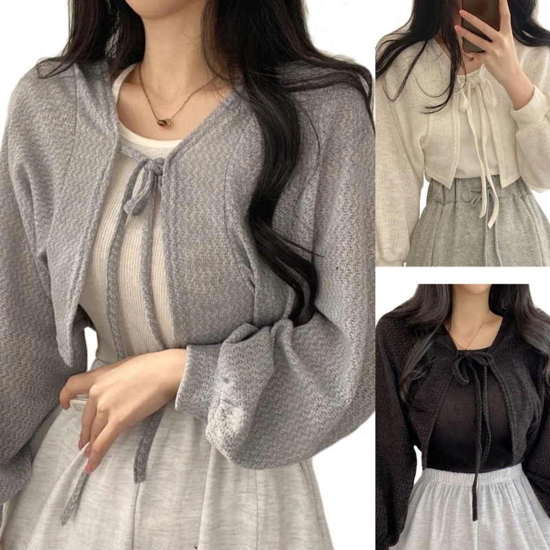 Lightweight Cardigan for Women Lace-up Summer Knitwear with Lantern Sleeves Korean Short Coat for Vest T-shirt