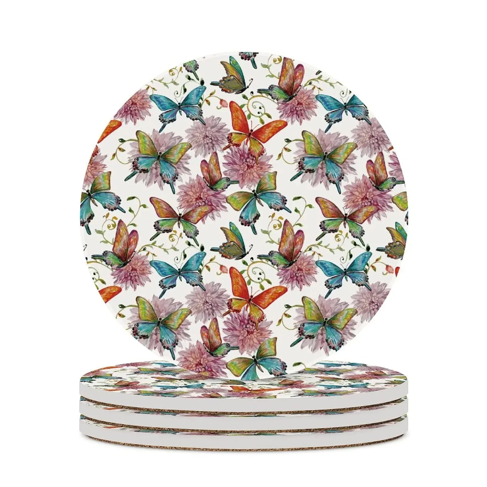 

Круглая керамическая каменная подставка с акварельной бабочкой и пробковым основанием для стола, впитывающие подставки для напитков, подарок на новоселье