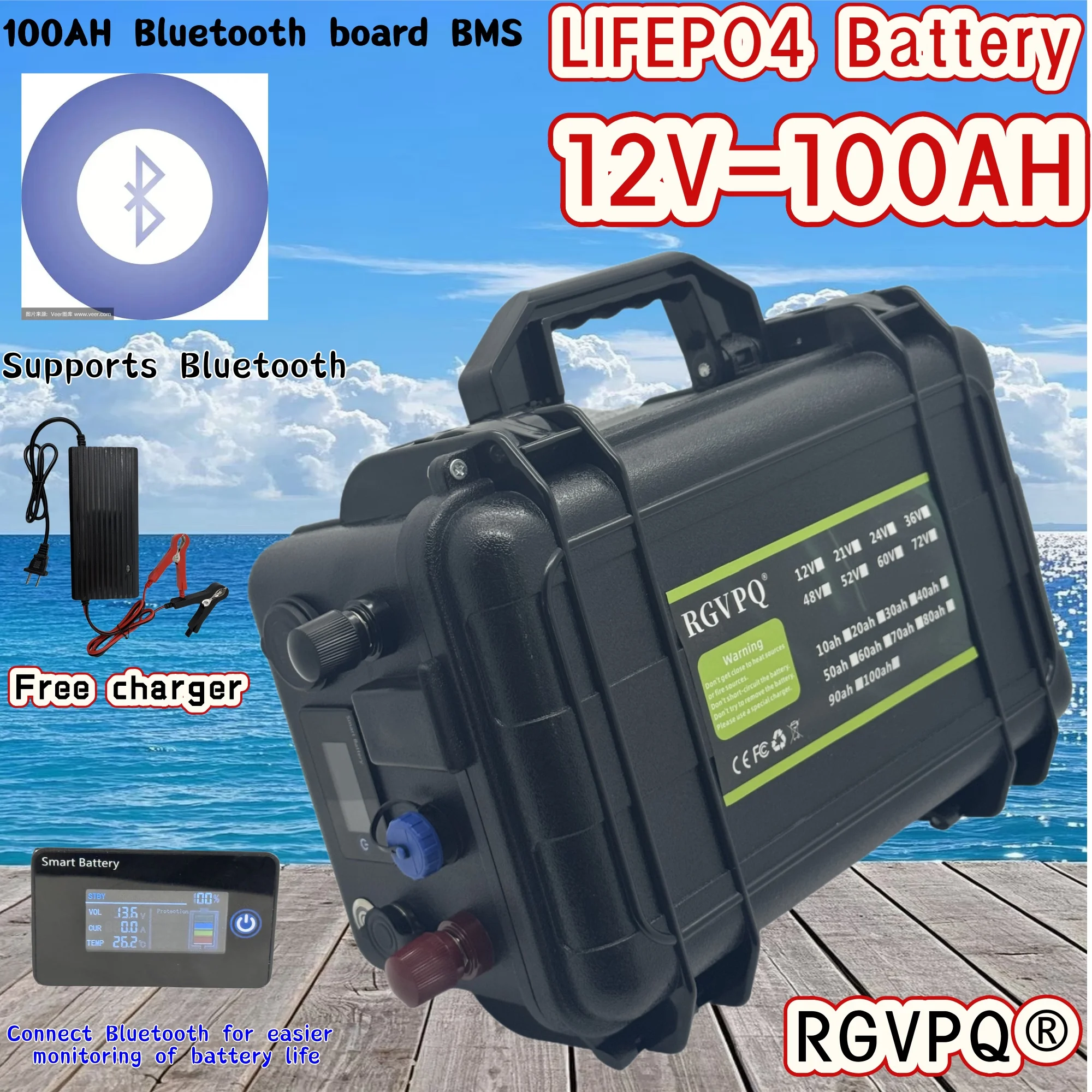 

RGVPQ, 12VLIFEPO4 battery 100AH, available 24 hours a day. Supports Bluetooth connection, built-in Bluetooth board BMS100AH