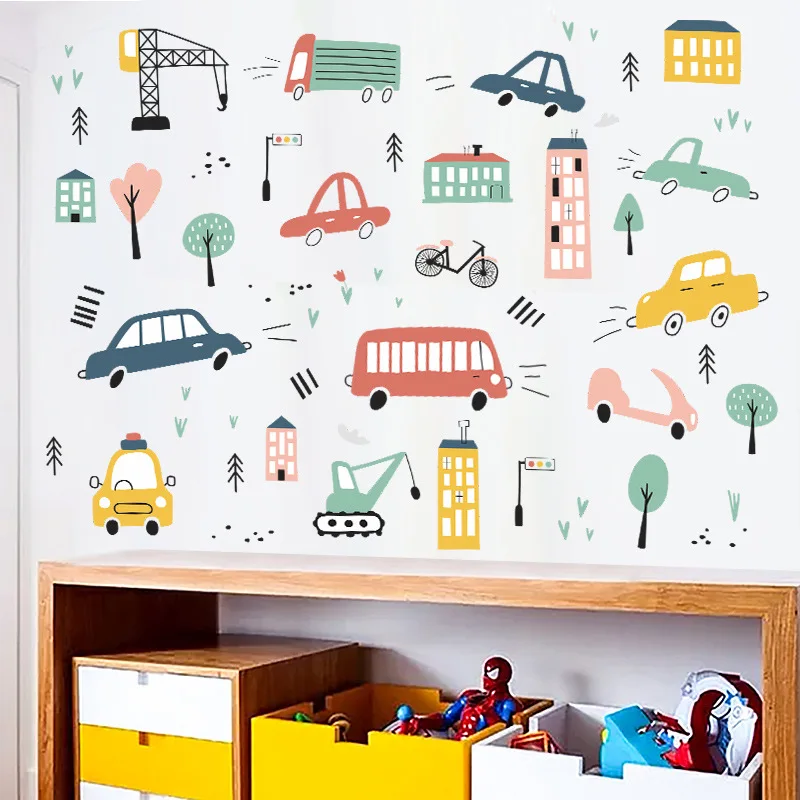 Cartoon Small Town PVC Kids Wall Stickers Self-adhesive Wall Decor Decals Home Decor Wallpapers for Children Baby room Nursery