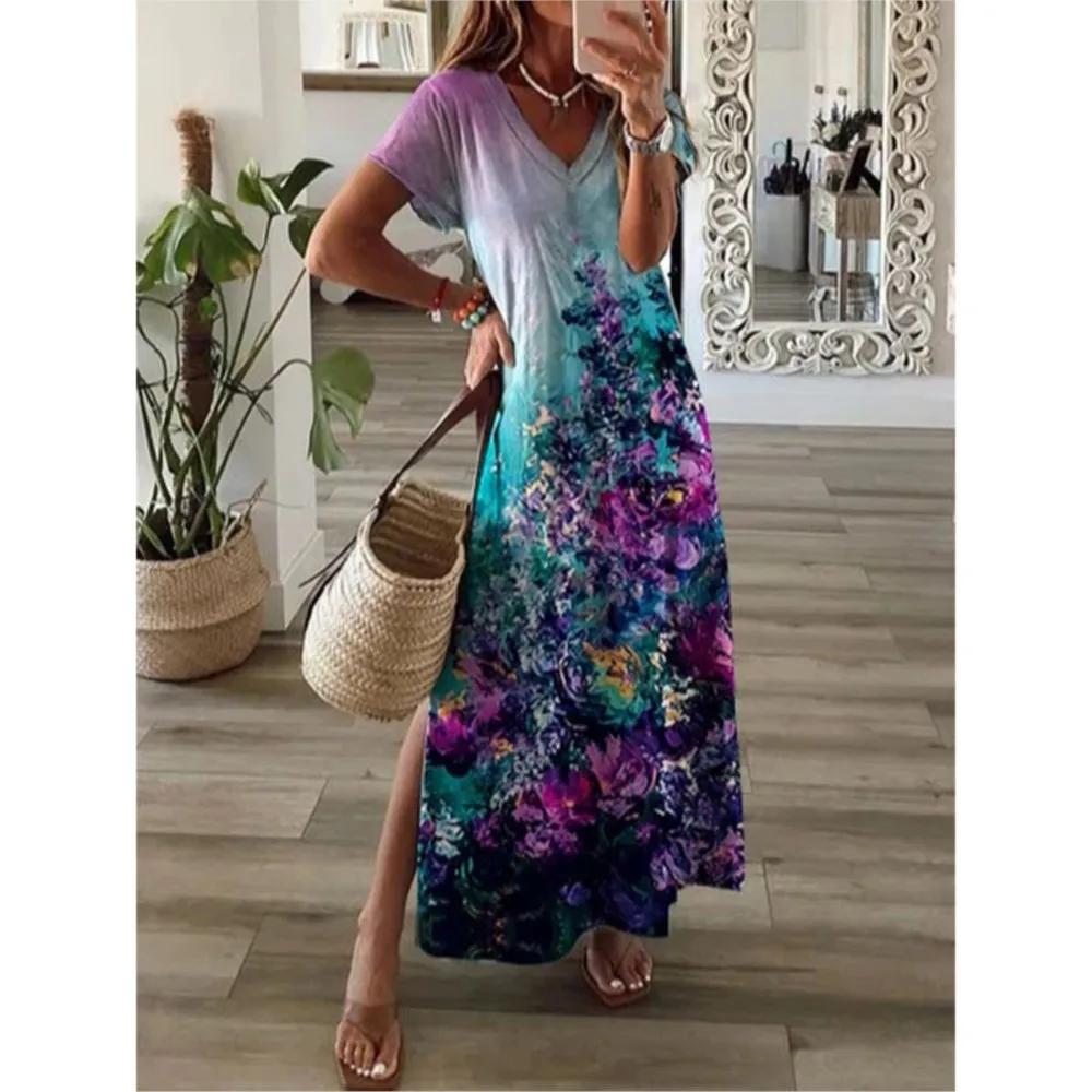 Vestido Maxi Vintage Floral Elegante Feminino, Decote V, Manga Curta, Dividido, Boho, Longo, Festa, Praia, Moda Verão