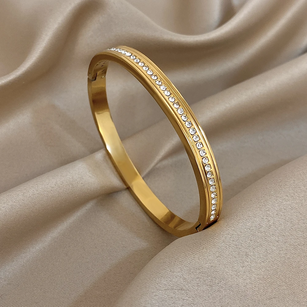 

DODOHAO Sparkling Rhinestone Stainless Steel Bangle Bracelet Women Exquisite Gold Color Round Open Spring Bangle Jewelry Gift