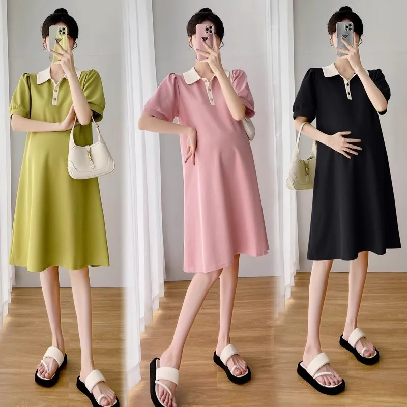 

Новое летнее платье для беременных с контрастным волнообразным вырезом, свободное и мягкое, тонкое, с короткими рукавами, средней длины.