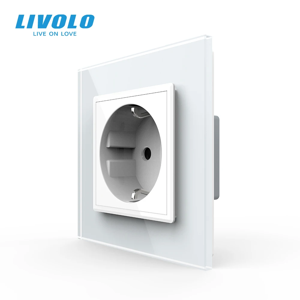 Livolo euの標準電源ソケット、ホワイトクリスタルガラスパネル、ac 110〜250v 16A壁電源ソケット、VL-C7C1EU-11、なしロゴ