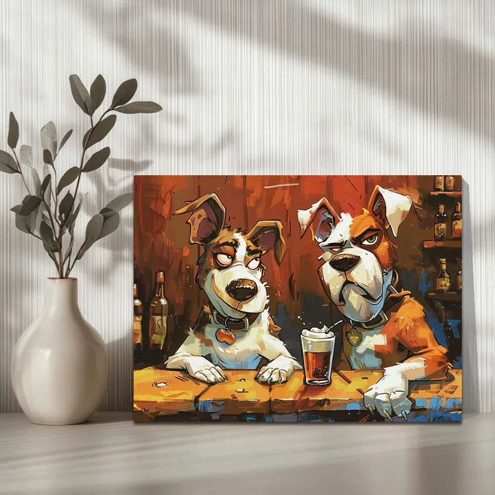 1pc , Two Dogs Drinking Beer And Chatting In A Bar B , Modern Canvas Wall Art , For Room Decor Home Decor , Framed, 16x12inch