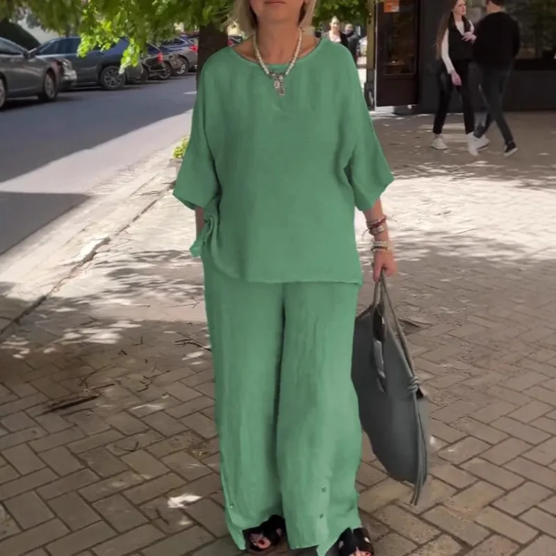 

Осенние однотонные хлопковые льняные повседневные свободные широкие брюки в стиле ретро, женские пуловеры с круглым вырезом, топы и широкие футболки, комбинезоны