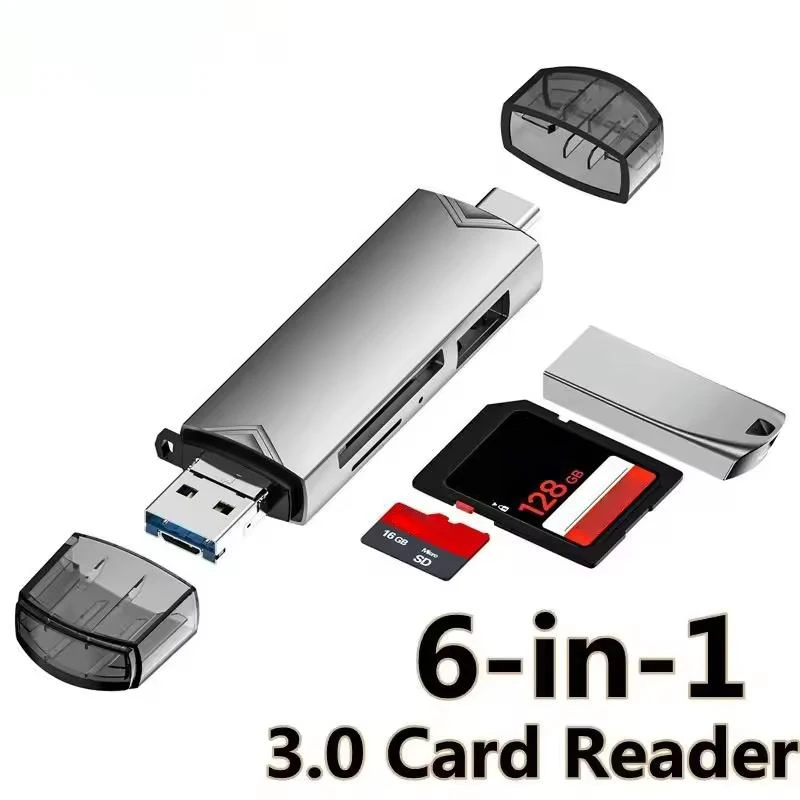 6-in-1 USB 3.0 Card Reader for SD/TF/Micro USB/Type C Flash Drives, Portable Memory Card Adapter for Smartphones/Cameras/Laptops