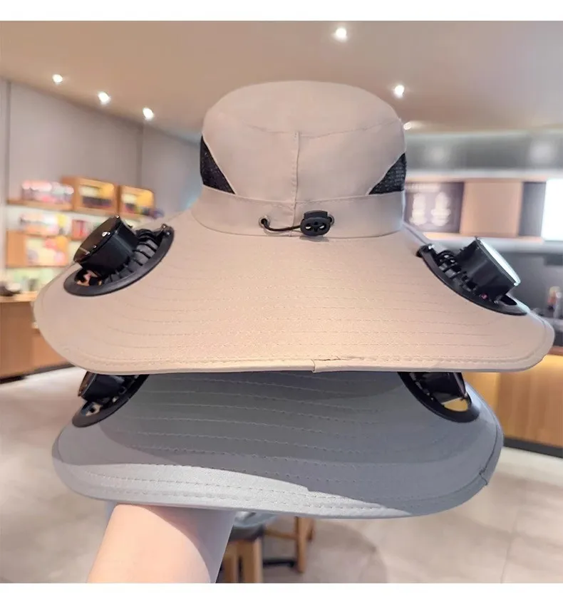 قبعة شمسية متعددة الوظائف بمروحة شمسية - قبعة صيد مقاومة للماء مع شحن USB مدمج وحافة واسعة للحماية من الأشعة فوق البنفسجية/الحرارة