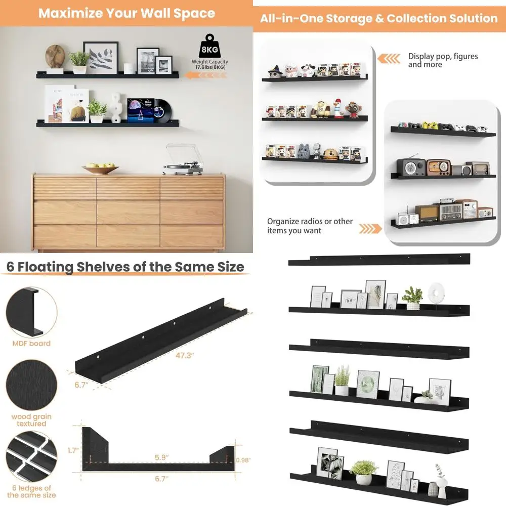 

Set of 6 Wall-Mounted Wooden Shelves, 47.3 Long, for Home Decor and Storage in Various Rooms, Black