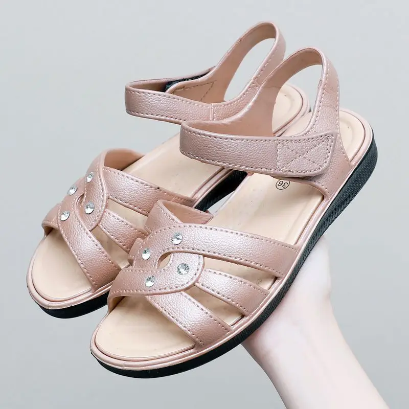 Simple Crystal Flat Sandals Summer 2024 Mom Casual Soft Sole Wide fit Comfortable Shoes Non-slip Elderly Walking Shoes Woman