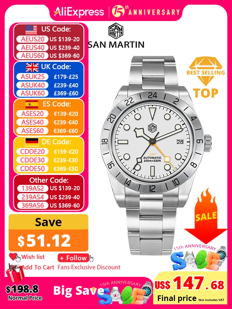 San Martin New 39mm NH34 BB GMT Automatic Mechanical Watch Sport Watch Sapphire Luminous Waterproof 100m for Men Relogio SN0054