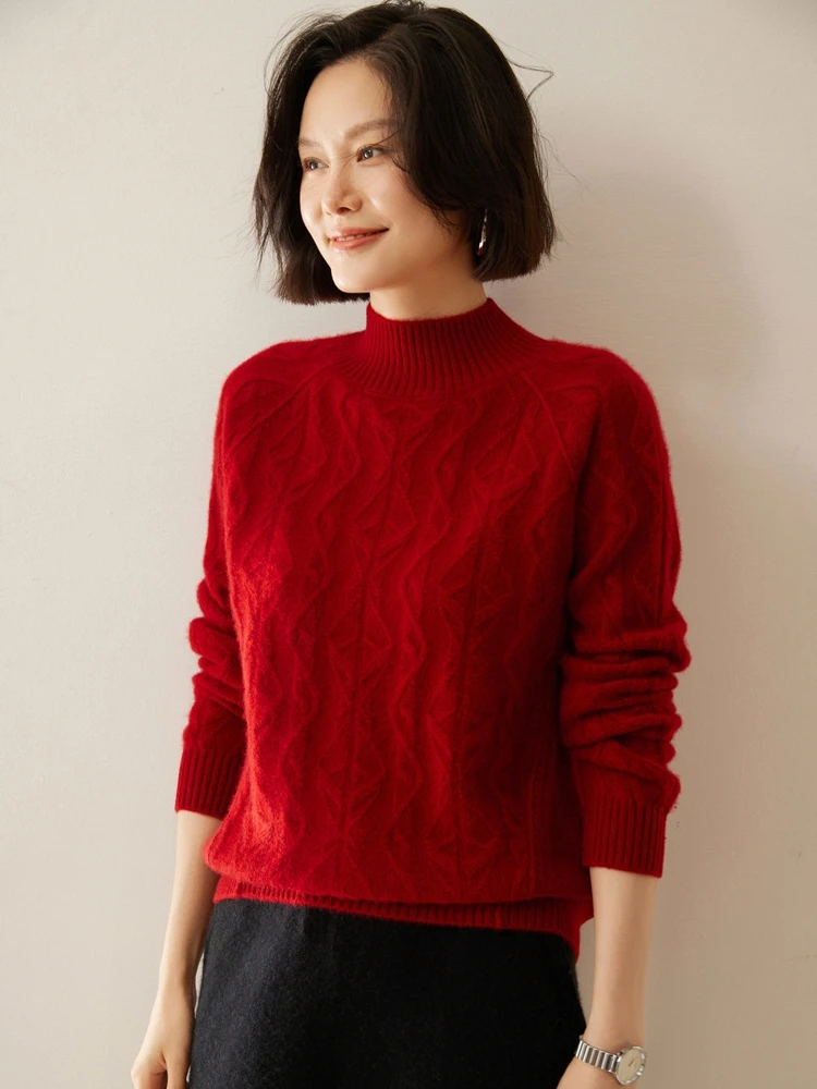 Women 100% Cashmere Sweater Mock Neck Pullovers Cable Knitting Vintage Casual Cashmere Knitwear Autumn Winter Warm Female Tops