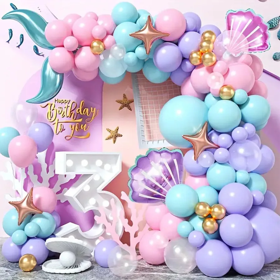 98-częściowy zestaw balonów o tematyce syreny, mini balony foliowe w kształcie muszli, niebieskie balony w kształcie rybiego ogona, dekoracje na imprezę o tematyce oceanicznej, aranżacja sceny urodzinowej, ślubnej.