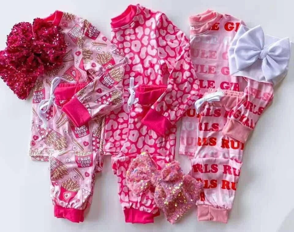 New rts baby girls valentine pajama set wholesale boutique hot sale pink leopard print girls long sleeve set