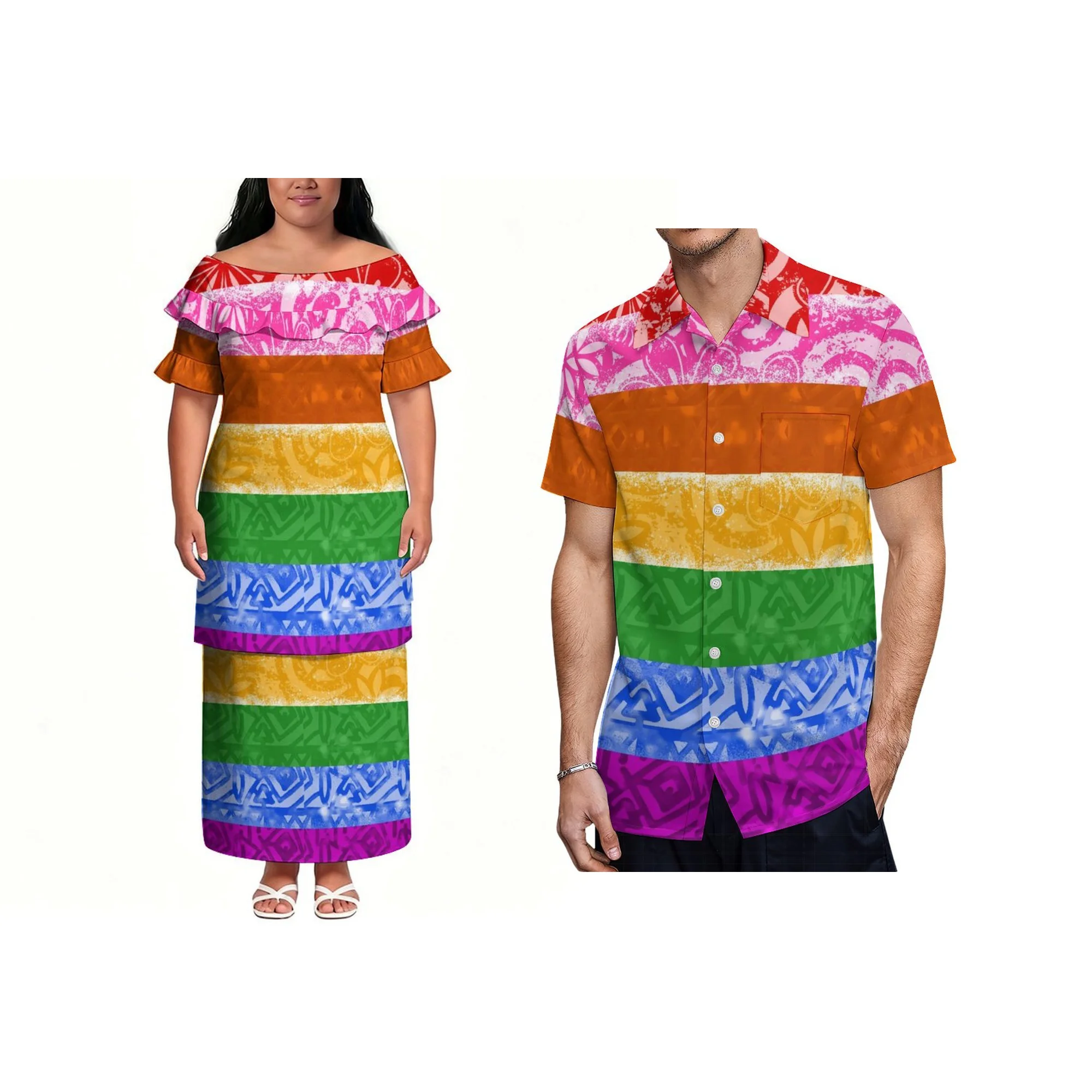 Factory Custom Polynesian Island Wear Puletasi Vestido Conjunto Feminino Plus Size Orange Tribal Print Off Shoulder Two Peça Outfit