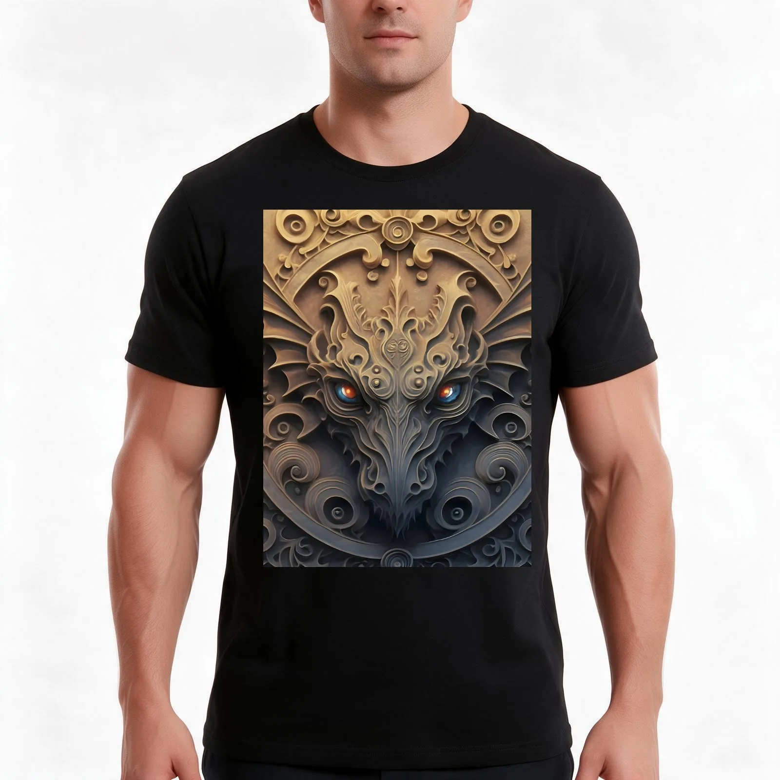 Medieval Stone Gargoyle Dragon Carving Graphic T-Shirt, Summer Casual Cotton Tee, Oversized Streetwear Tops, Unisex Men Women