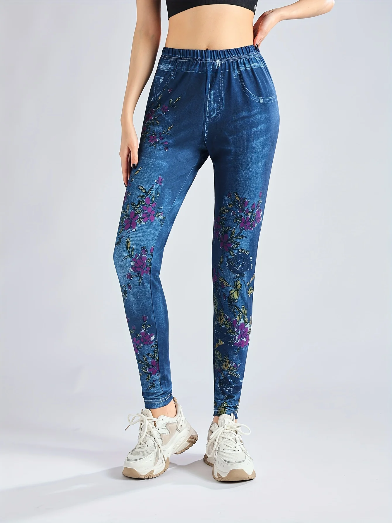 Women\'s Floral Printed Leggings Imitation Denim High Waisted High Elastic Leggings Casual Pencil Pants