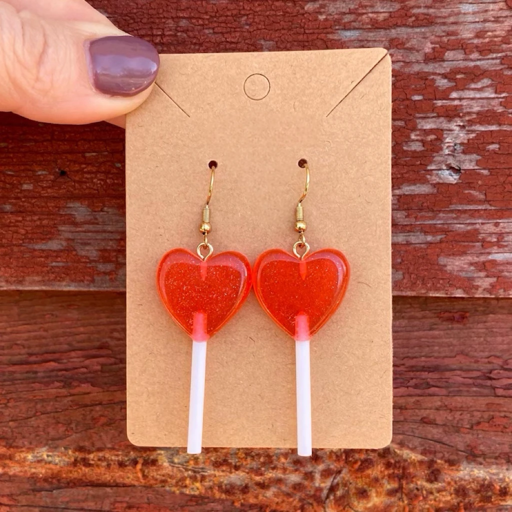 1 Pair Glitter Heart Sucker Valentine’s Day Candy Lollipop Holiday Novelty Unique Dangle Earrings