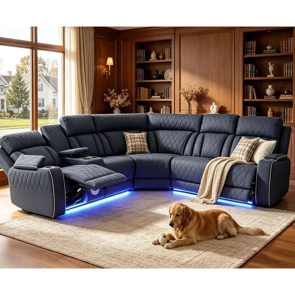 

L-Shaped Leather Sectional Sofa with Power Recline, Speakers, USB Ports, Cup Holders and Storage for Home or Office