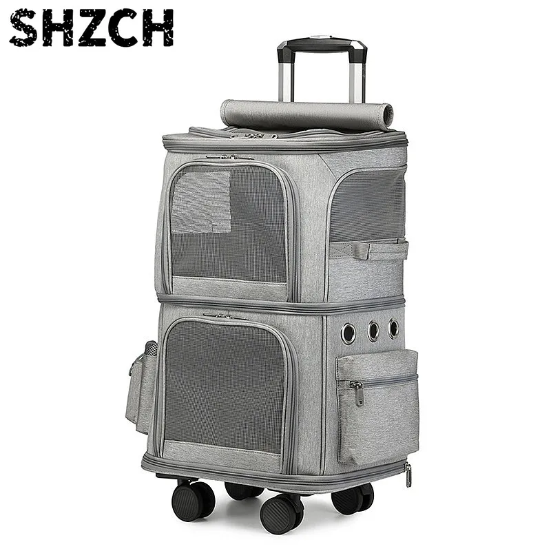 Pets Trolley Case Cat Dog Bag Suitcase Travel Luggage Collapsible 4 Wheel 2 Layer Storage Box Breathable Pet Stroller