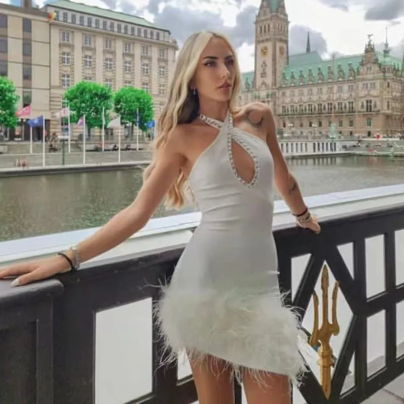 

New Arrival White Color Shining diamonds Gorgeous Feathers Sexy V-Neck Halter Mini Dress Fashion's Sexy Woman Evening Dress