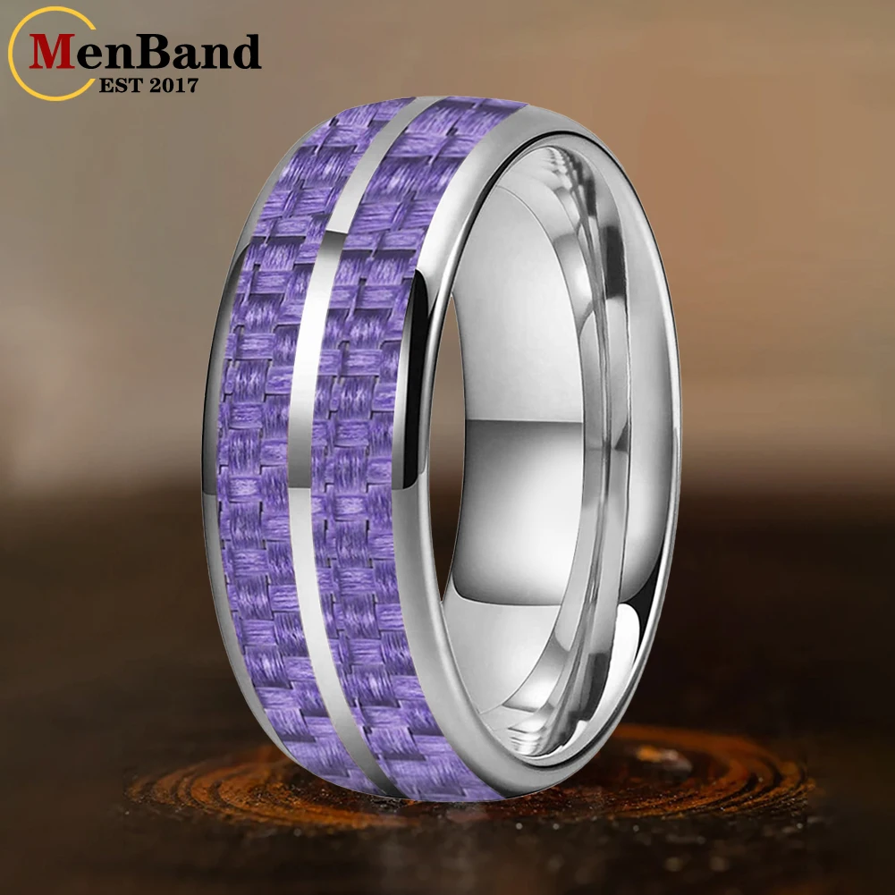 MenBand 6/8mm Domed Double Groove Purple Carbon Fiber Inlay Tungsten Ring for Men Women Fashion Engagement Wedding Band